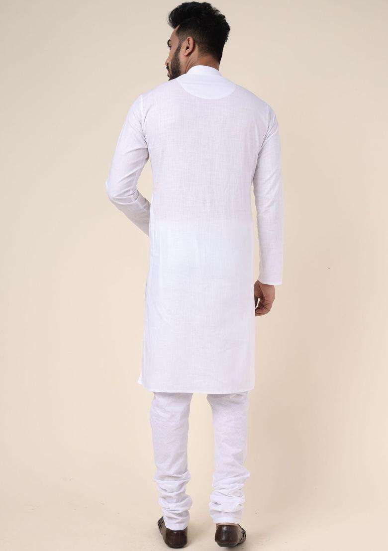 White Self Design Silk Blend Kurta Set For Men - Indya