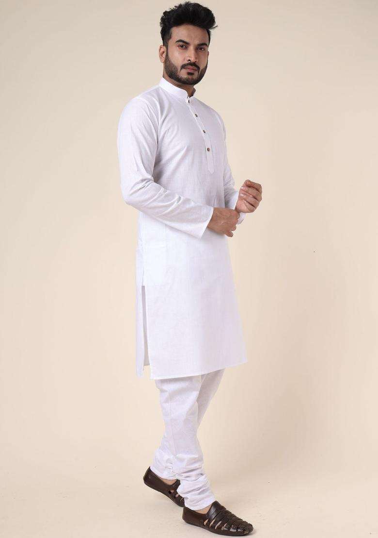 White Self Design Silk Blend Kurta Set For Men - Indya