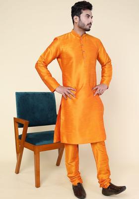 Orange Self Design Silk Blend Kurta Set For Men