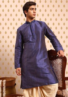 Blue Solid Polyester Kurta Set For Men