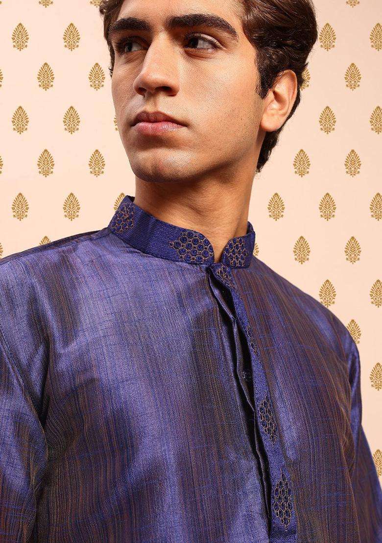 Blue Solid Polyester Kurta Set For Men - Indya