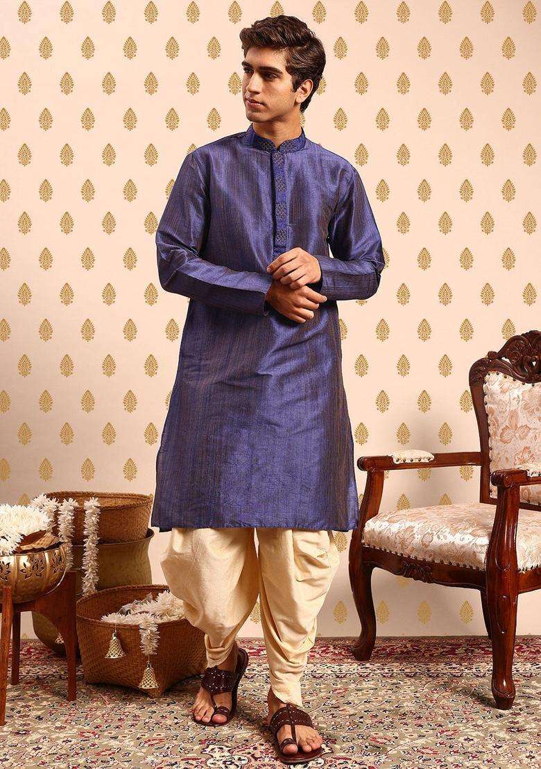 Blue Solid Polyester Kurta Set For Men - Indya