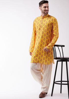 Yellow Printed Silk Blend Kurta Set For Men