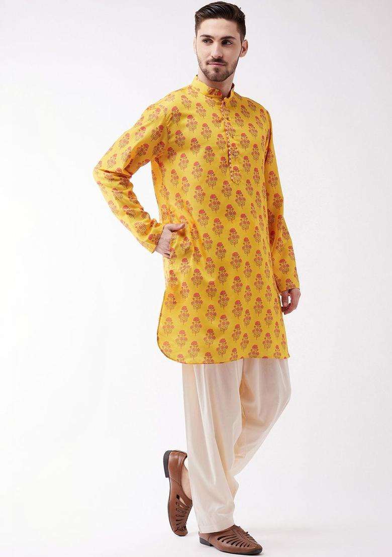 Yellow Printed Silk Blend Kurta Set For Men - Indya