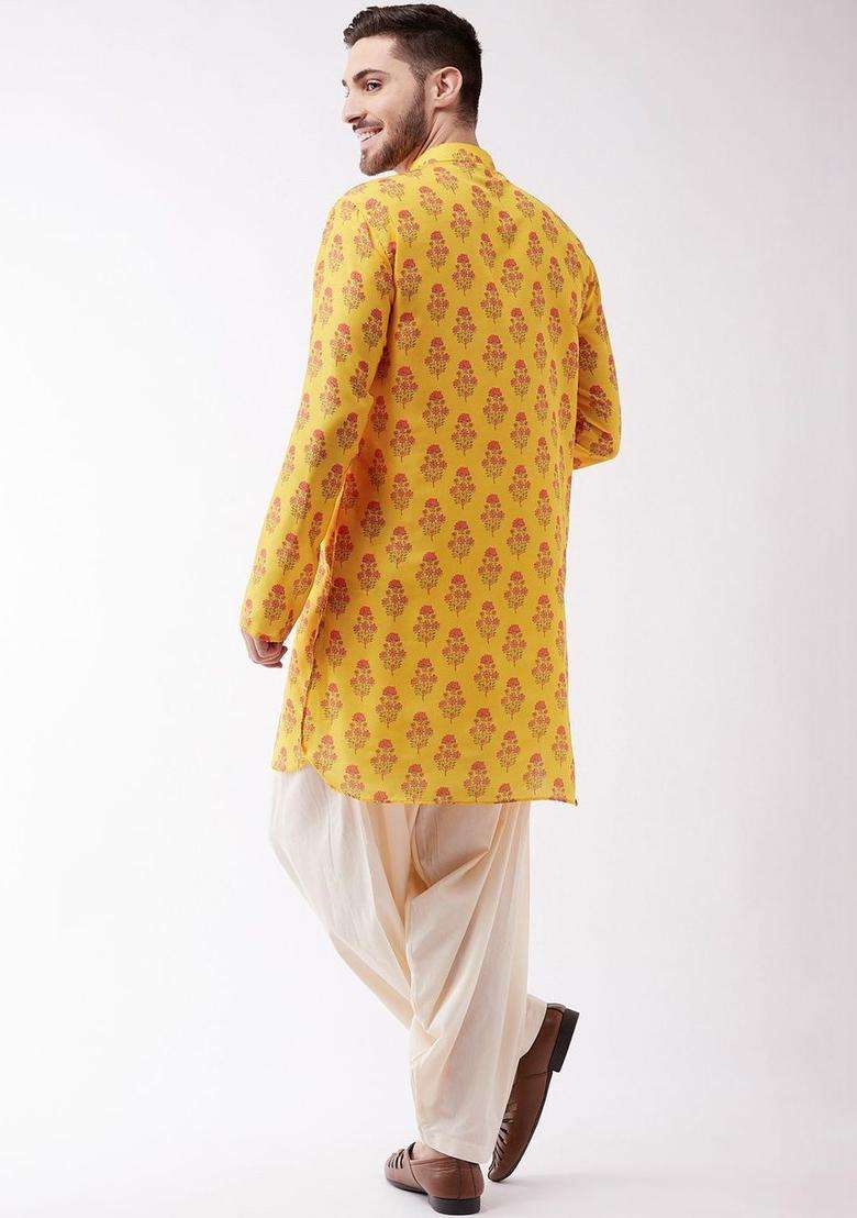 Yellow Printed Silk Blend Kurta Set For Men - Indya