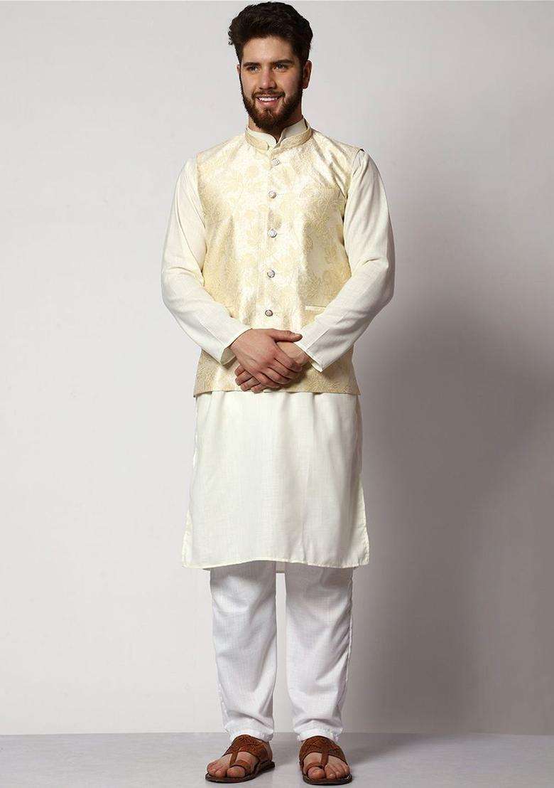 Off White Solid Cotton Kurta Set For Men - Indya