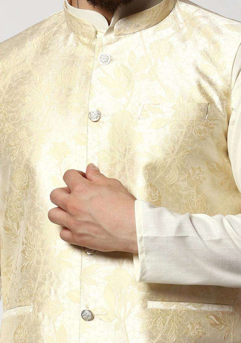 Off White Solid Cotton Kurta Set For Men - Indya
