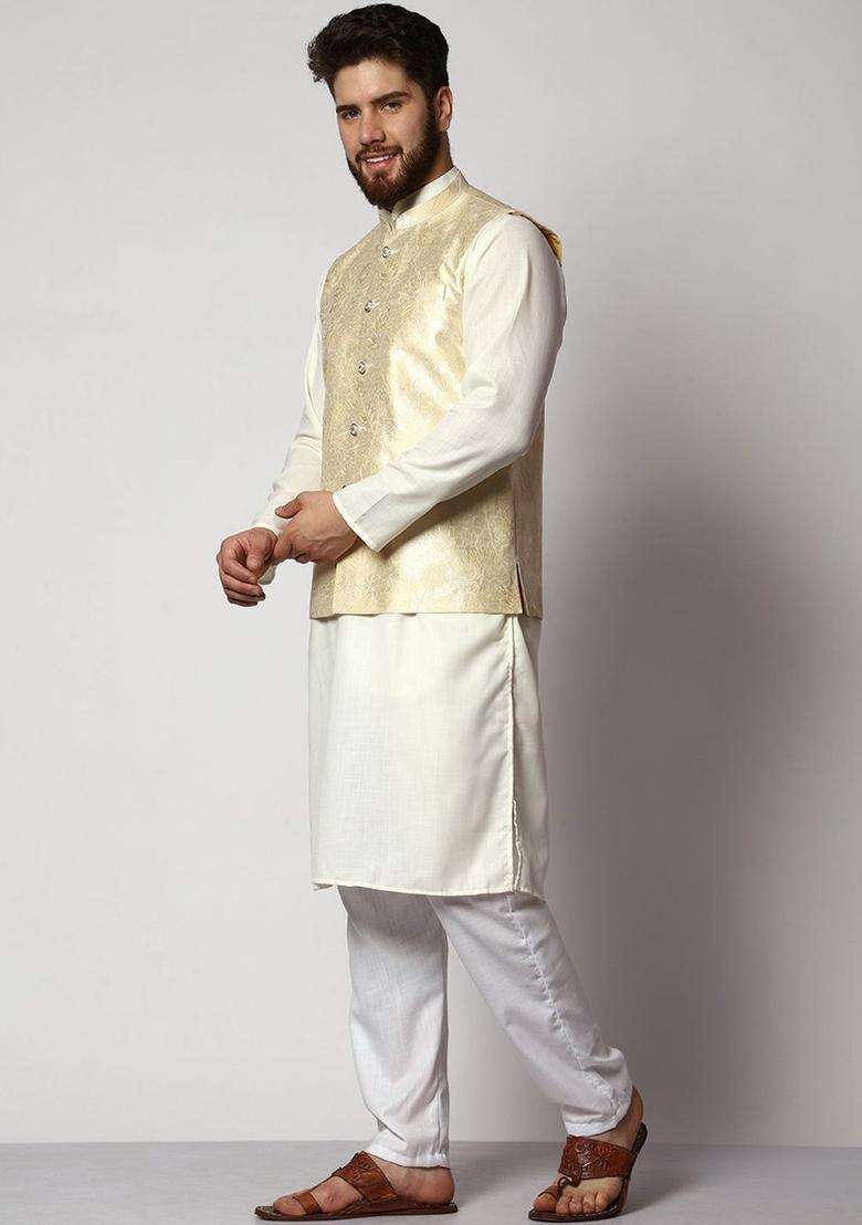 Off White Solid Cotton Kurta Set For Men - Indya