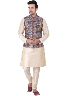 Beige Solid Silk Kurta Set For Men