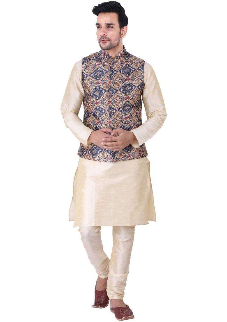 Beige Solid Silk Blend Kurta Set For Men - Indya