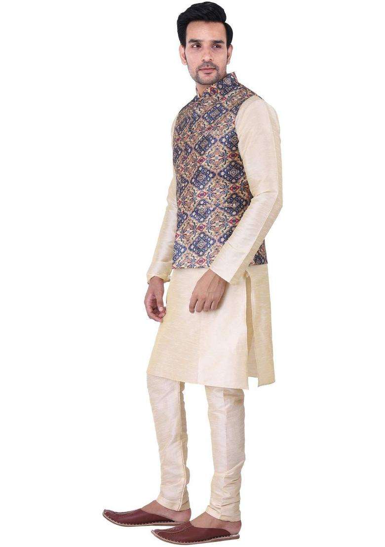 Beige Solid Silk Blend Kurta Set For Men - Indya