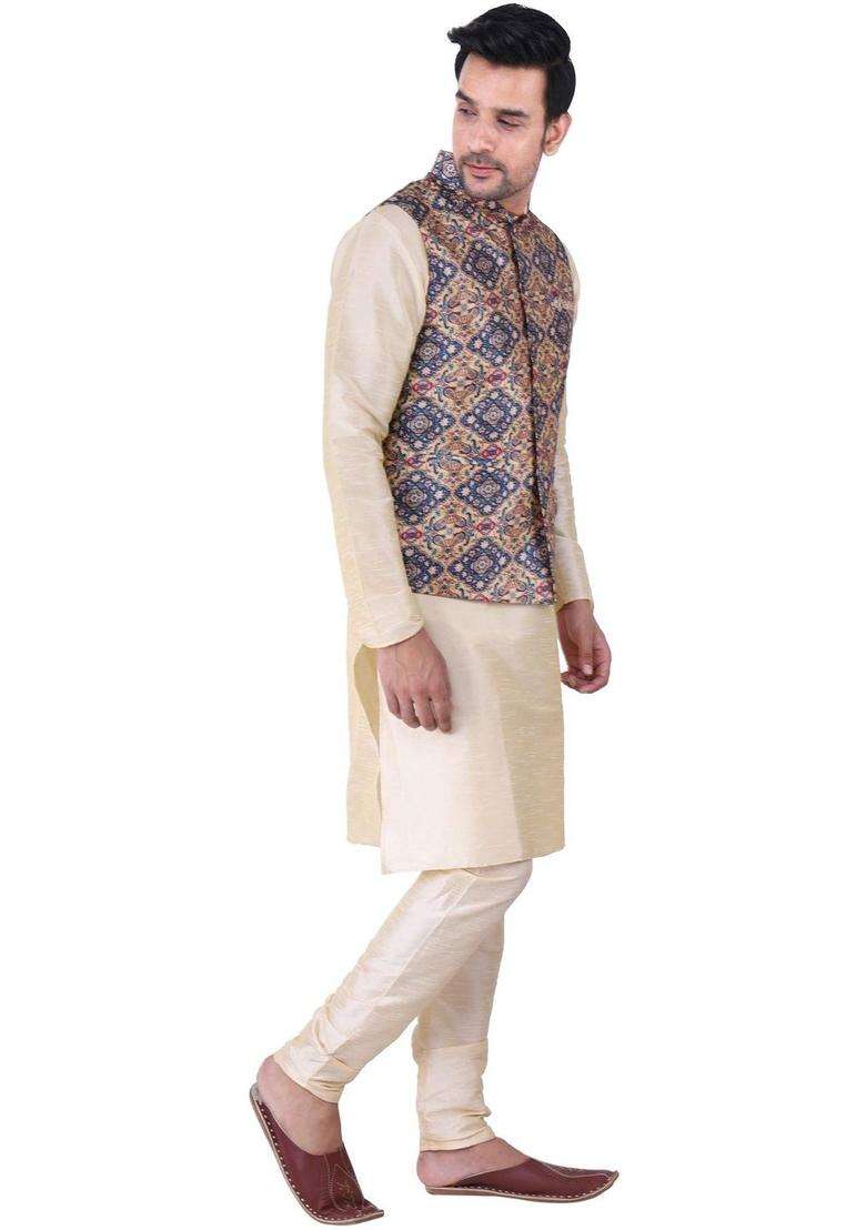 Beige Solid Silk Blend Kurta Set For Men - Indya