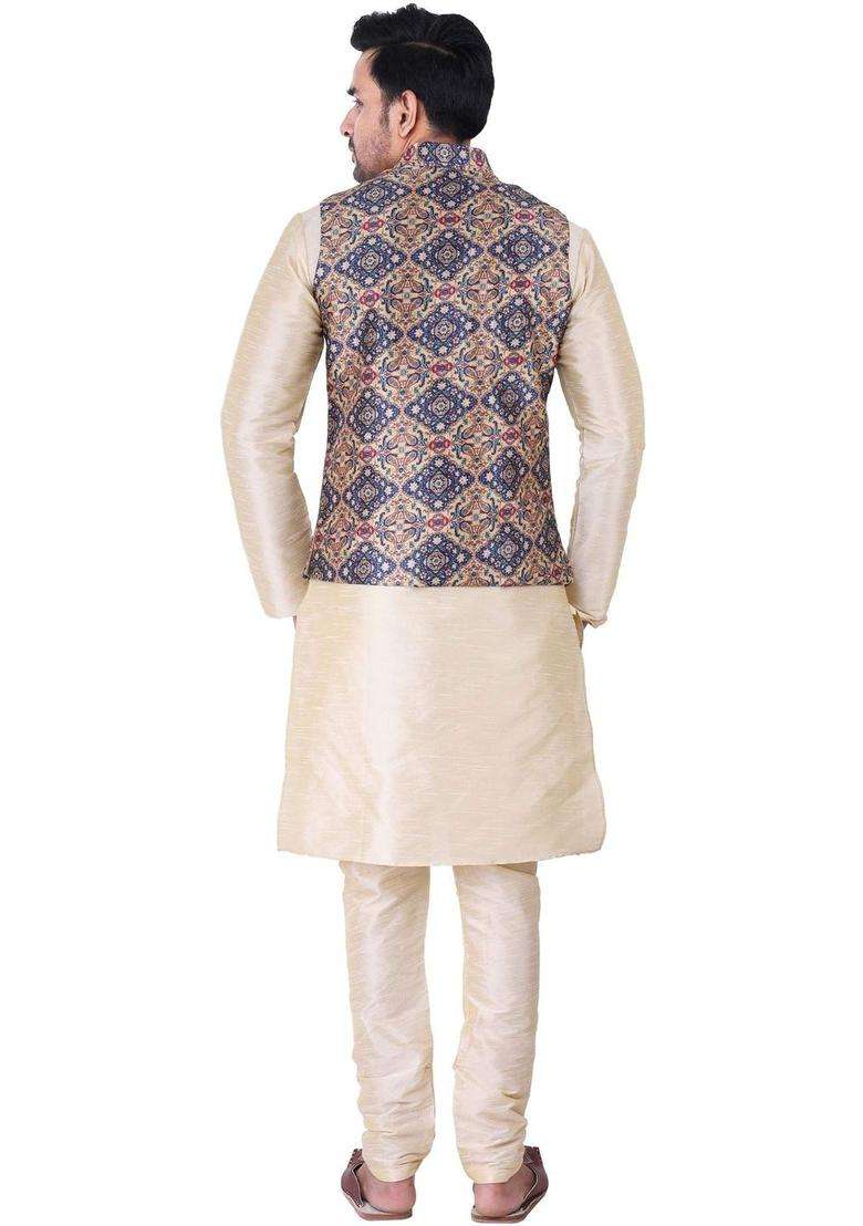 Beige Solid Silk Blend Kurta Set For Men - Indya