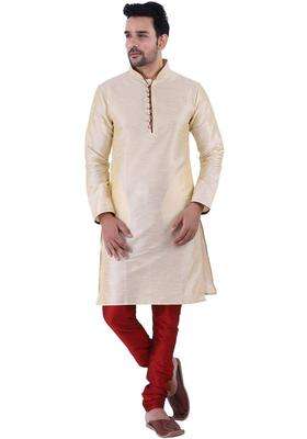 Cream Self Design Silk Kurta Set For Men