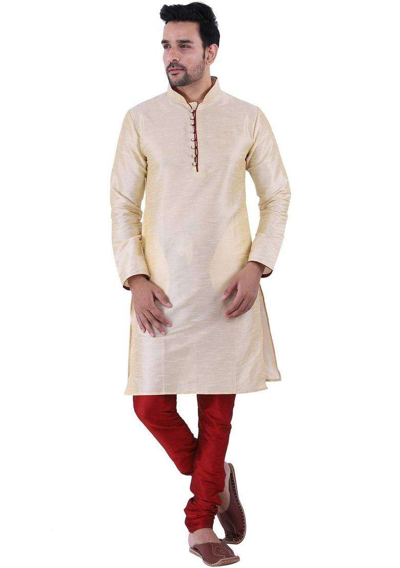 Cream Self Design Silk Blend Kurta Set For Men - Indya