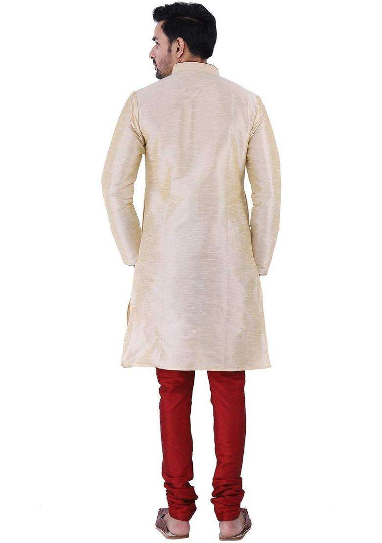 Cream Self Design Silk Blend Kurta Set For Men - Indya