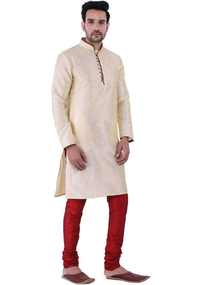 Cream Self Design Silk Blend Kurta Set For Men - Indya