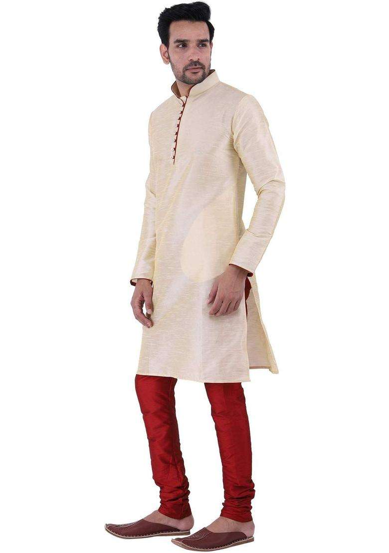 Cream Self Design Silk Blend Kurta Set For Men - Indya