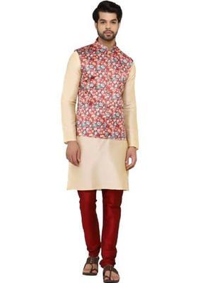 Beige Solid Silk Kurta Set For Men