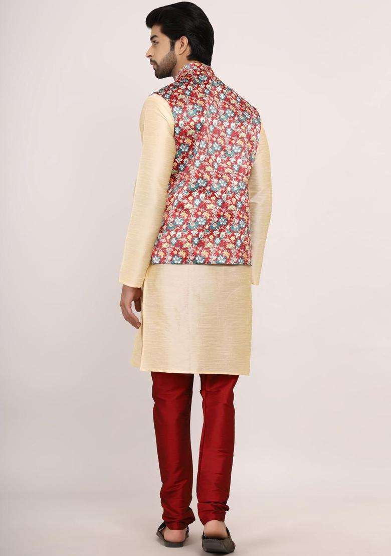 Beige Solid Silk Blend Kurta Set For Men - Indya