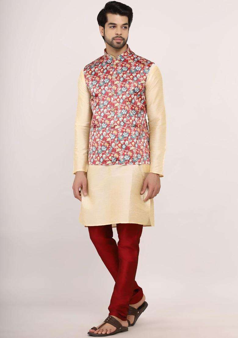 Beige Solid Silk Blend Kurta Set For Men - Indya
