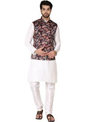 White Printed Silk Kurta Set For Men
