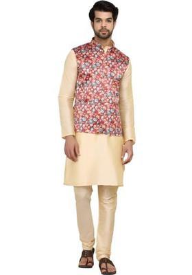 Beige Solid Silk Kurta Set For Men