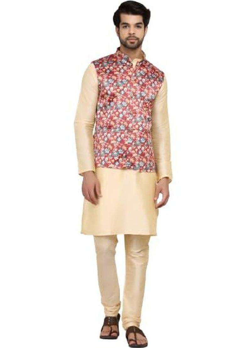 Beige Solid Silk Blend Kurta Set For Men - Indya