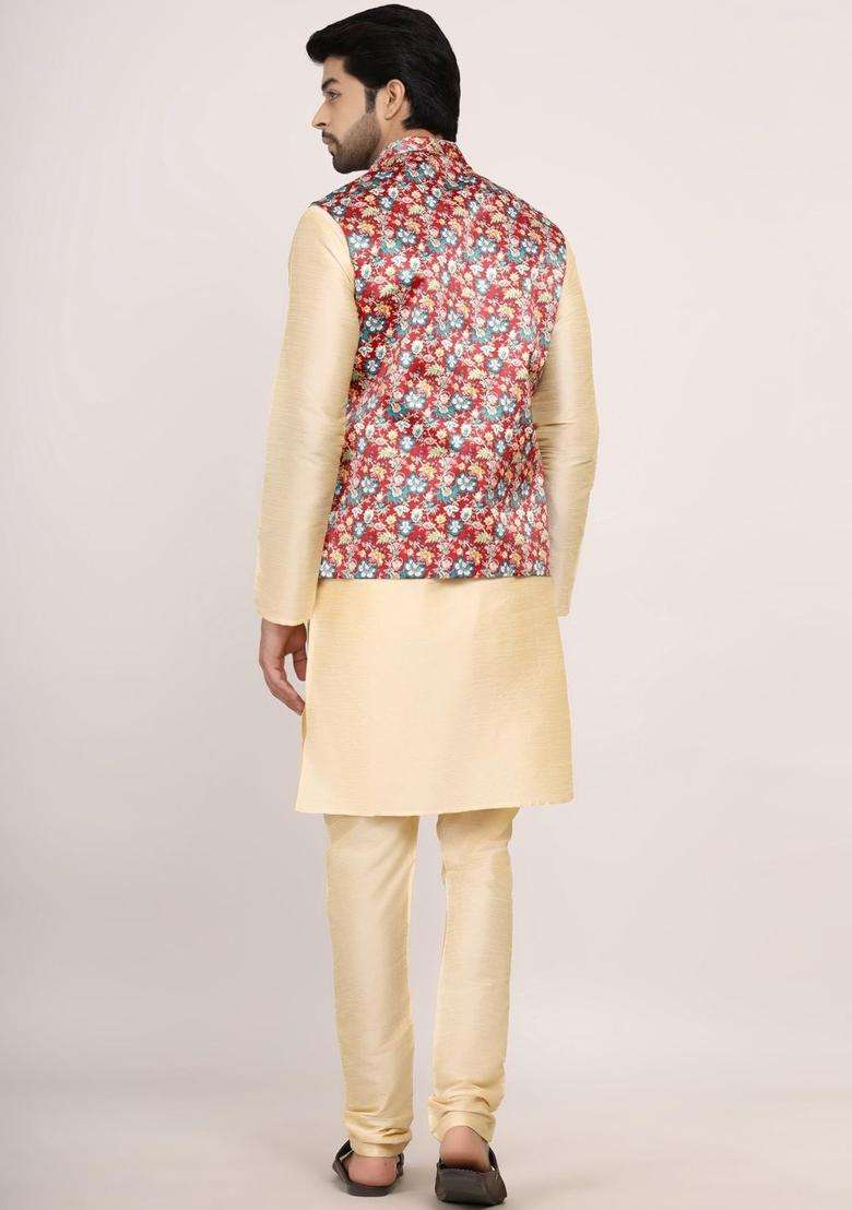 Beige Solid Silk Blend Kurta Set For Men - Indya