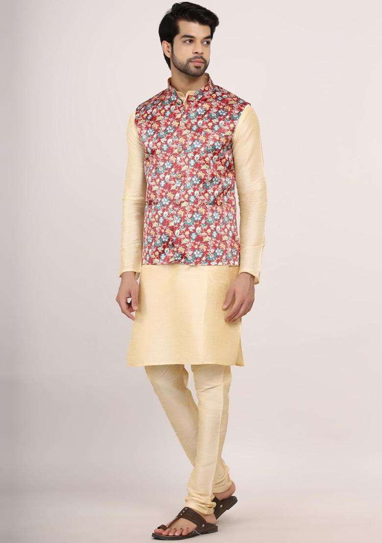 Beige Solid Silk Blend Kurta Set For Men - Indya