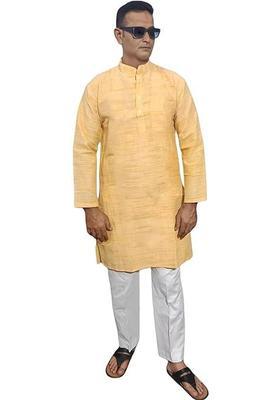 Yellow Self Design Cotton Kurta Set For Men