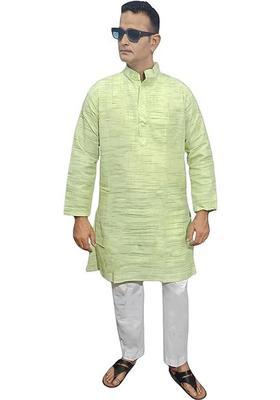 Lime Green Self Design Cotton Kurta Set For Men