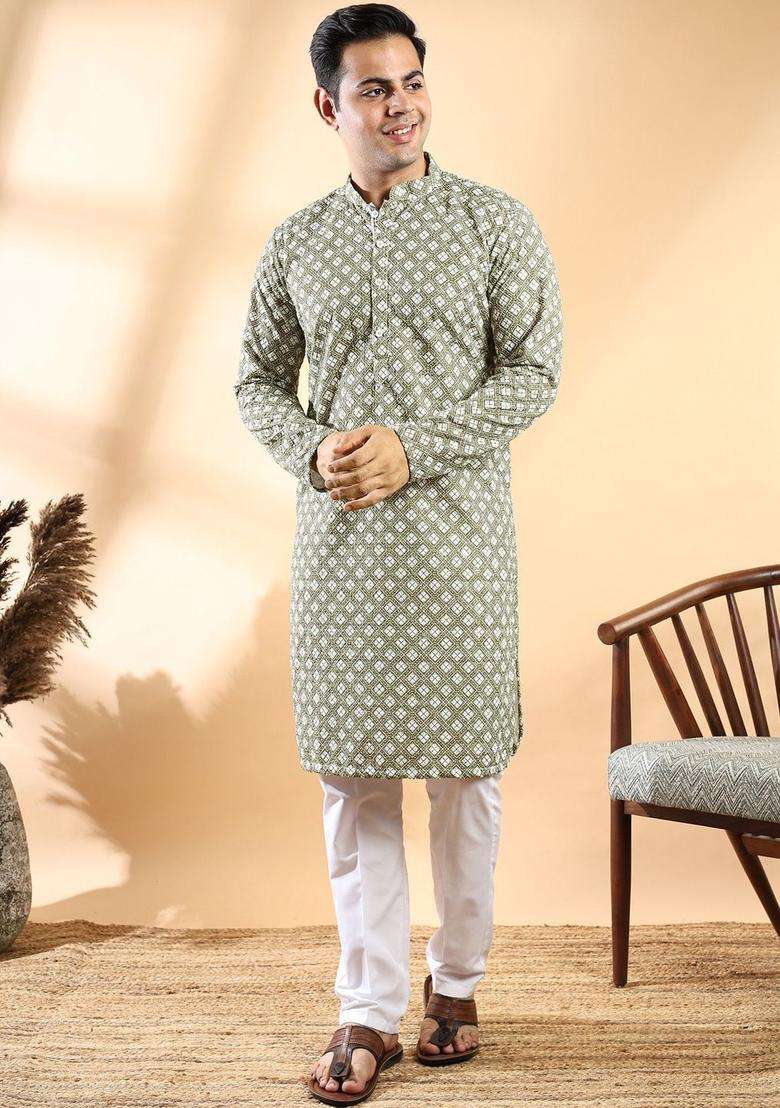 Olive Printed Cotton Kurta Set For Men - Indya