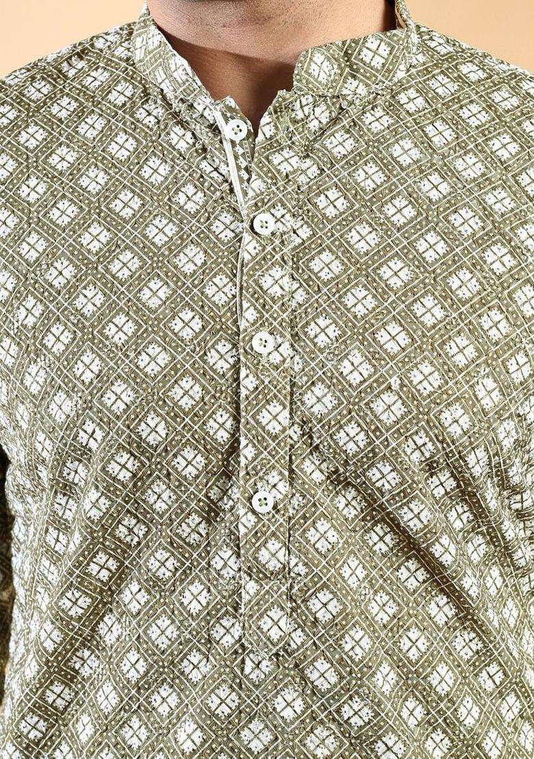 Olive Printed Cotton Kurta Set For Men - Indya