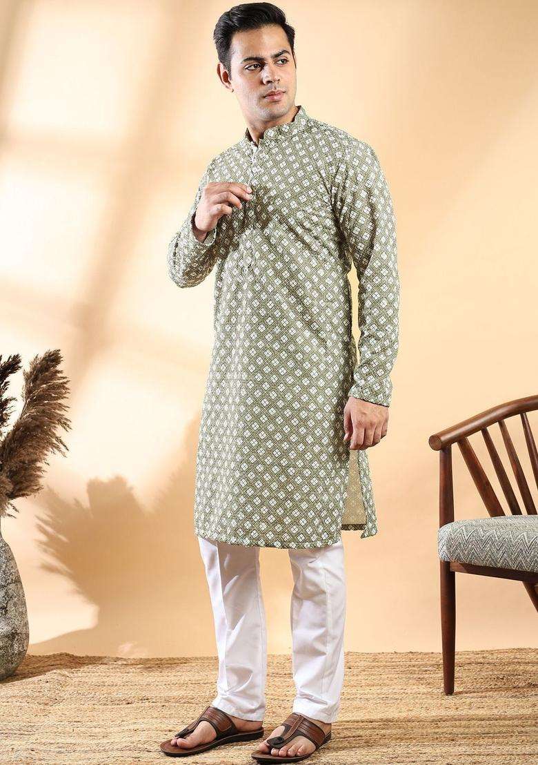 Olive Printed Cotton Kurta Set For Men - Indya