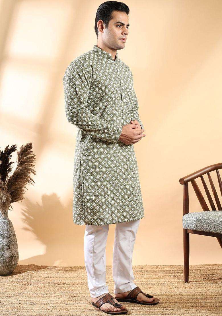 Olive Printed Cotton Kurta Set For Men - Indya