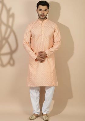 Peach Printed Silk Kurta Set For Men