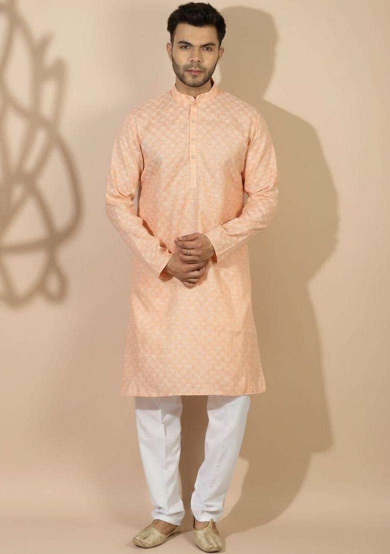Peach Printed Silk Blend Kurta Set For Men - Indya