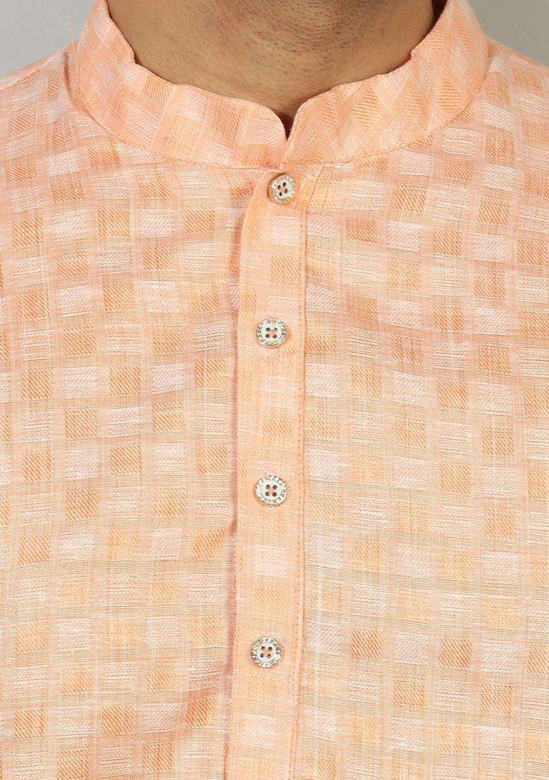 Peach Printed Silk Blend Kurta Set For Men - Indya