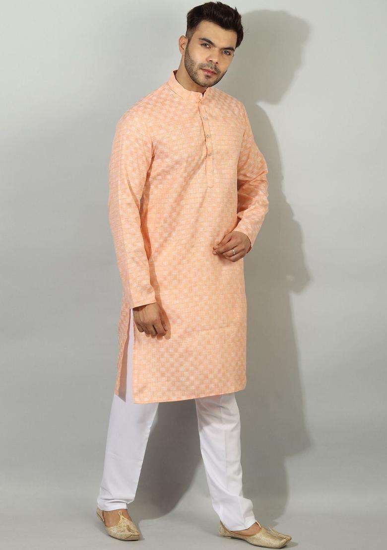 Peach Printed Silk Blend Kurta Set For Men - Indya