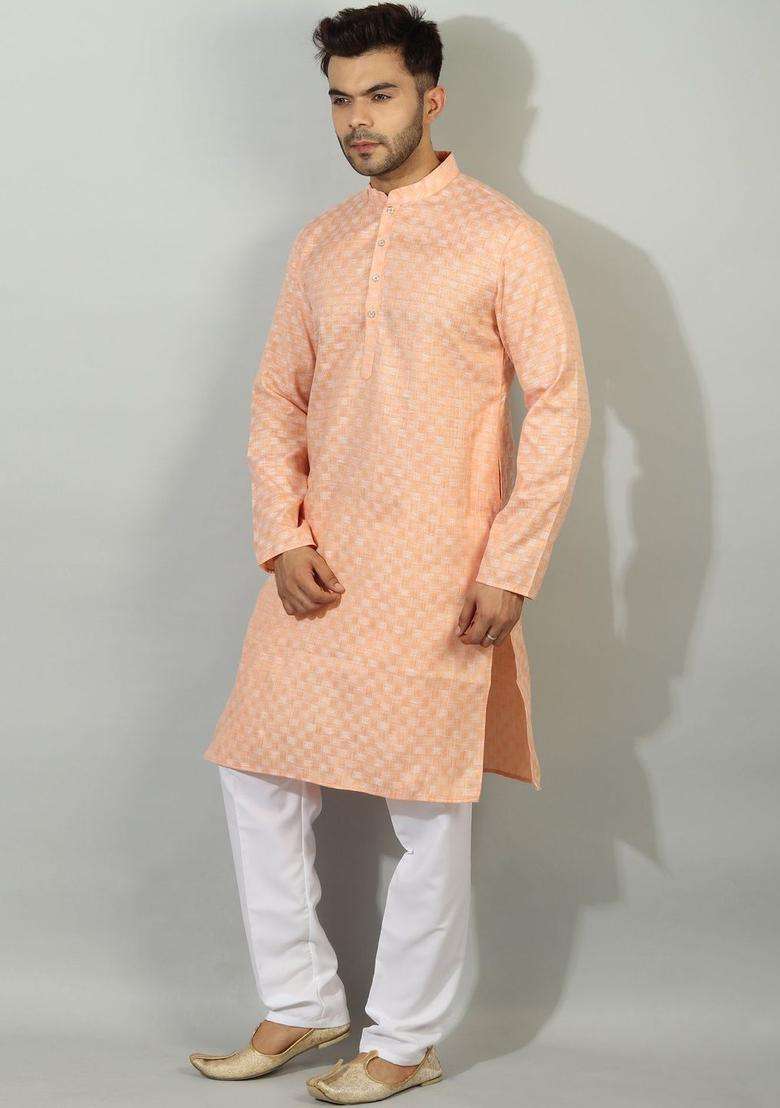 Peach Printed Silk Blend Kurta Set For Men - Indya