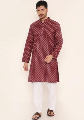 Maroon Printed Cotton Kurta Set For Men
