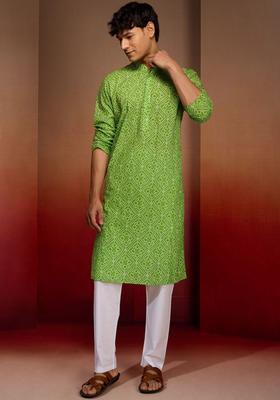 Lime Green Printed Cotton Kurta Set For Men