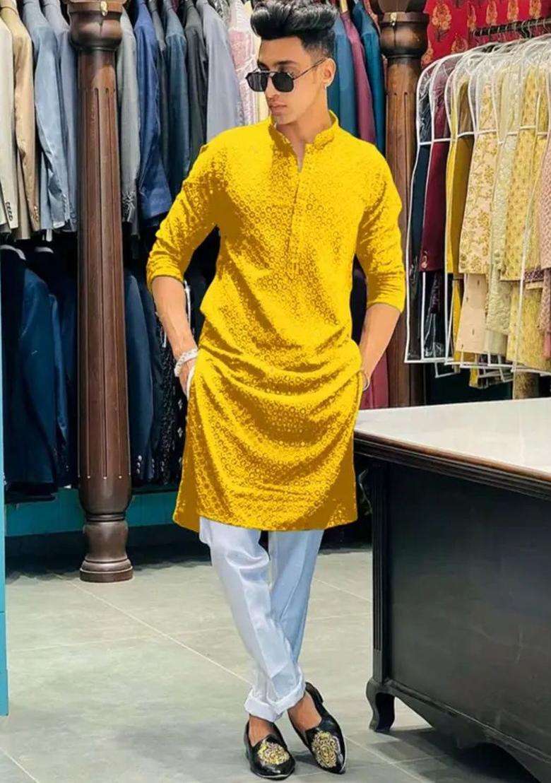 Yellow Embroidered Viscose Kurta Set For Men - Indya