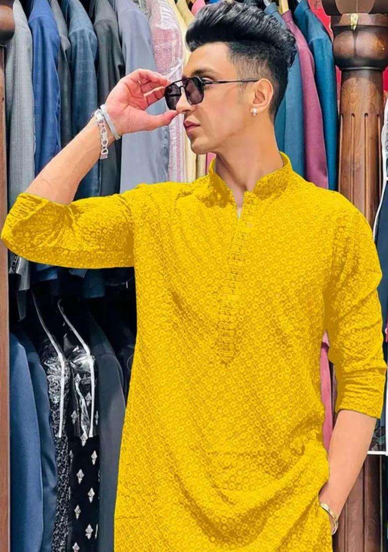 Yellow Embroidered Viscose Kurta Set For Men - Indya