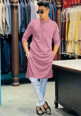 Pink Self Design Viscose Kurta Set For Men