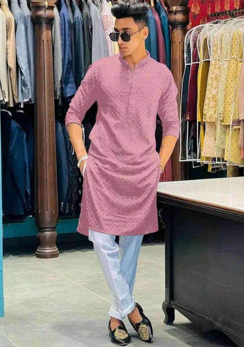 Pink Self Design Viscose Kurta Set For Men - Indya