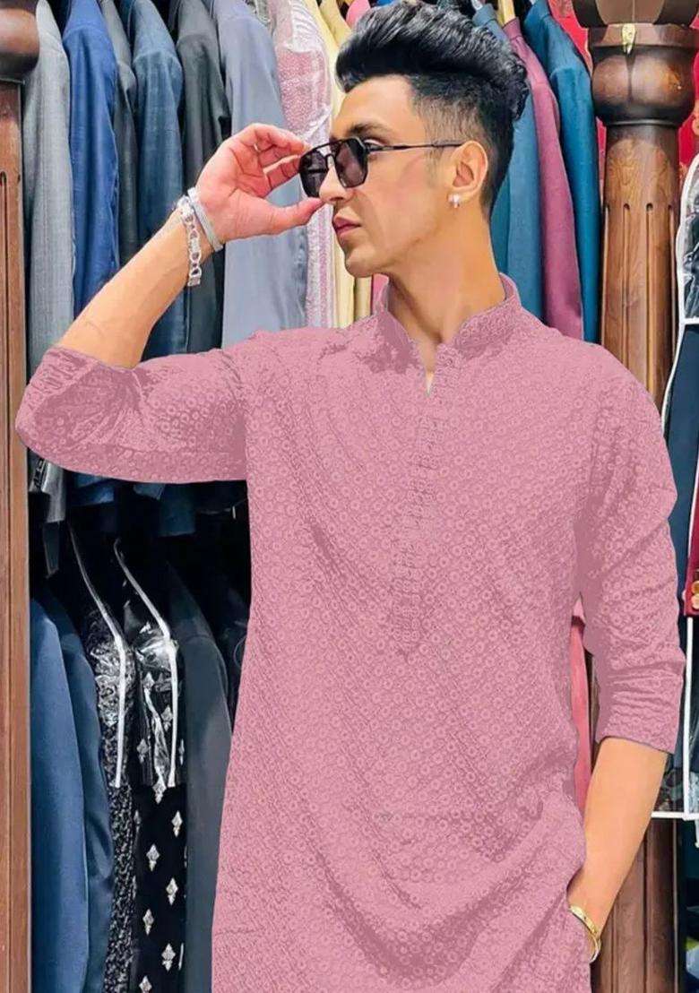 Pink Self Design Viscose Kurta Set For Men - Indya