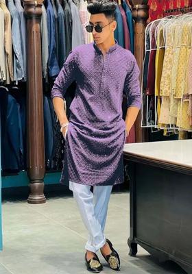 Purple Embroidered Viscose Kurta Set For Men