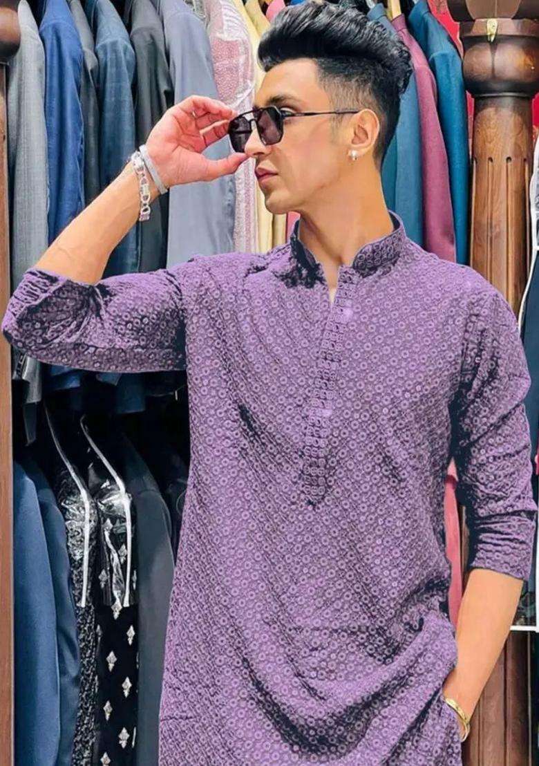 Purple Embroidered Viscose Kurta Set For Men - Indya